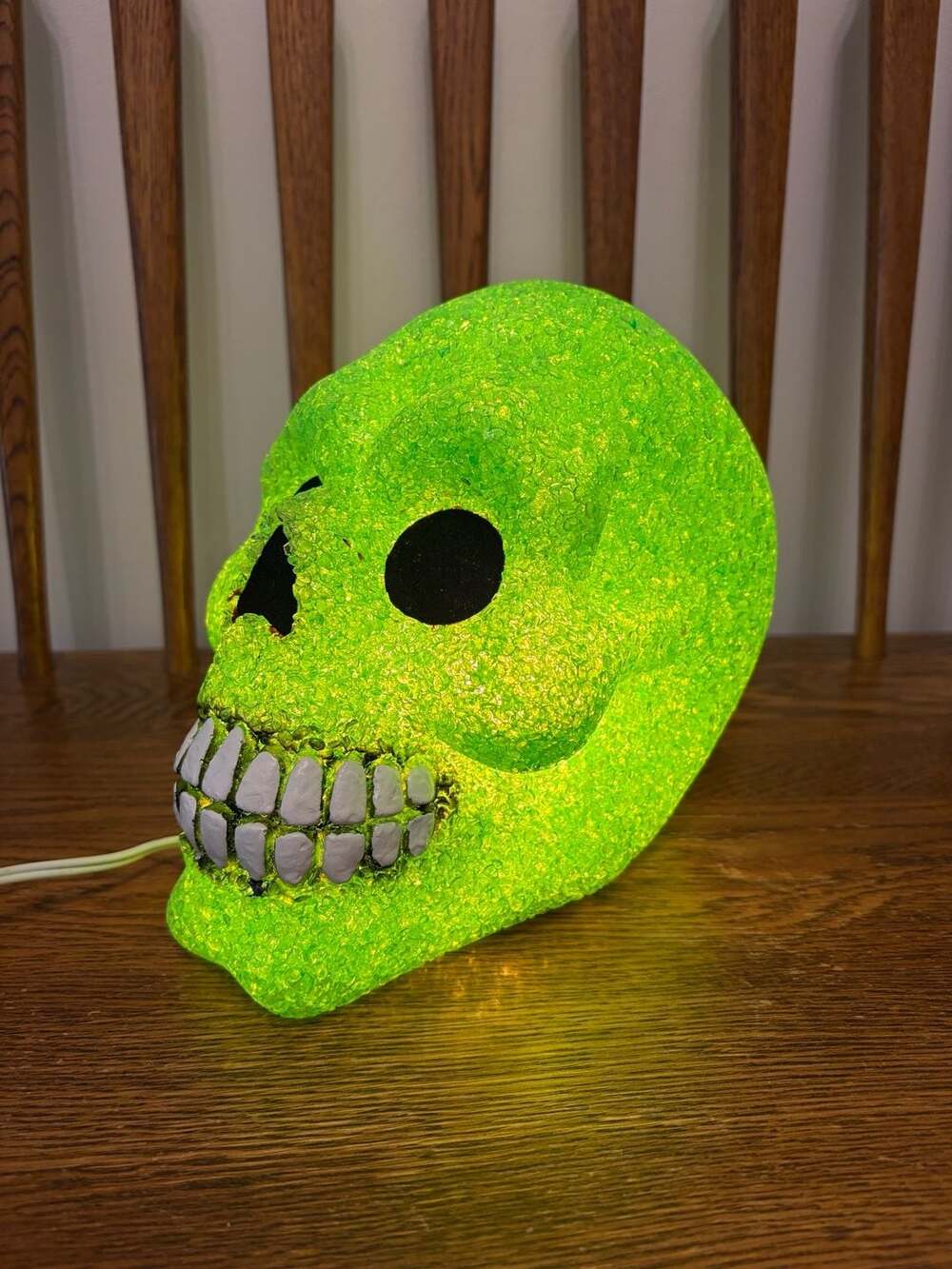 Halloween Skull Light Up Melted Plastic Green Skeleton